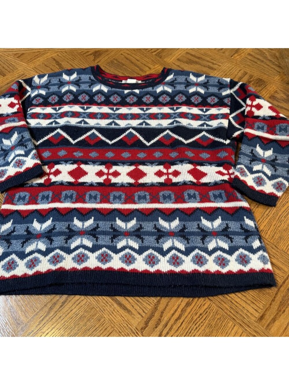 Vintage Two Twenty Red White Blue Nordic Abstract Crewneck Sweater Large